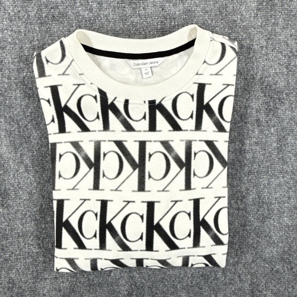 Calvin Klein Jeans Sweatshirt Mens Large White Black CK Monogram Logo Crewneck